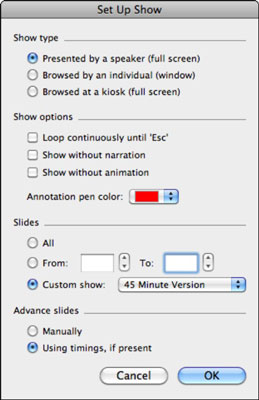 PowerPoint 2011 for Maci dialoogiboksi Set Up Show kasutamine