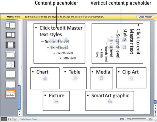 Delo s postavitvami glavnega diapozitiva v programu PowerPoint 2011 za Mac