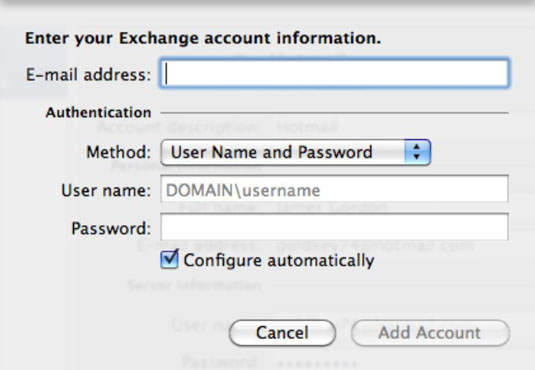 Exchange kontu pievienošana Outlook identitātei programmā Office 2011 darbam ar Mac