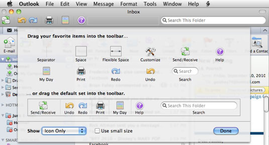 Pielāgojiet Outlook rīkjoslu programmā Office 2011 darbam ar Mac