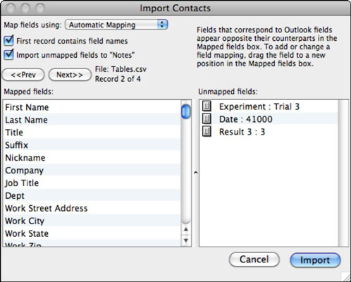 Office 2011 darbam ar Mac: importējiet kontaktpersonas no teksta failiem programmā Outlook