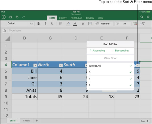 Kā parādīt datus Excel tabulā iPad