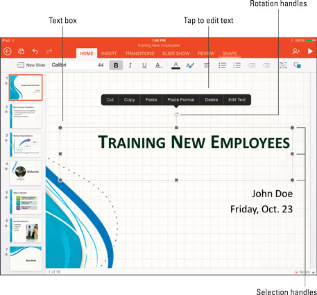 Kā lietot tekstu un tekstlodziņus programmā PowerPoint iPad