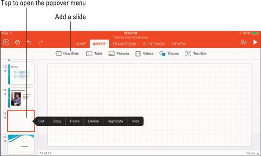 Kā pievienot, pārkārtot un noņemt slaidus programmā PowerPoint iPad