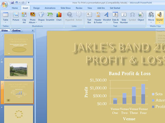 Kā ievietot skaņu atskaņošanas sarakstu savā PowerPoint 2007 slaidā