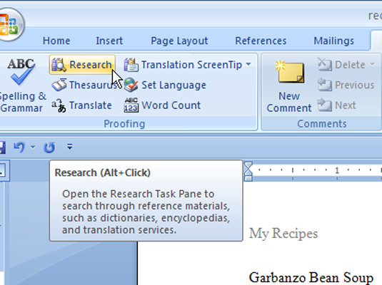 Používanie panela úloh výskumu v programe Word 2007