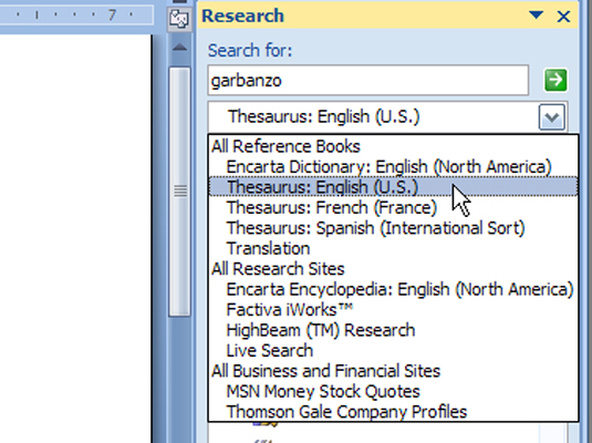 Word 2007:n tutkimustehtäväruudun käyttäminen