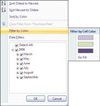 Filtrering efter farve i en Excel 2007-tabel