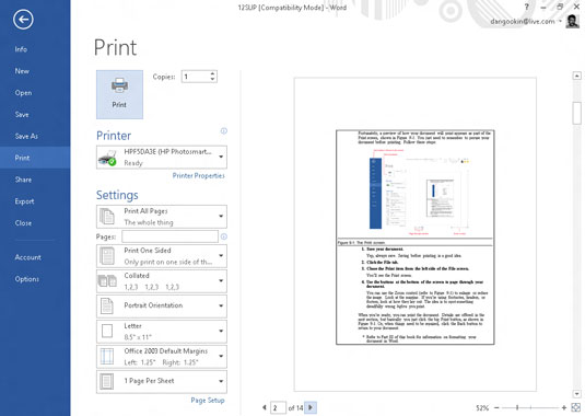 Word 2013 dokumendi eelvaade enne printimist