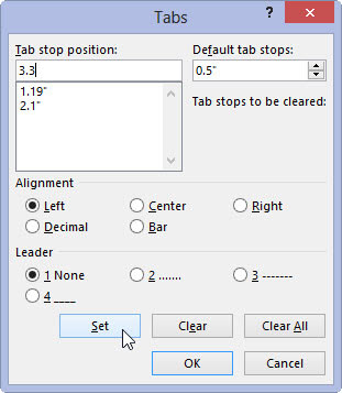 Kā iestatīt tabulēšanas pieturu programmā Word 2013 dialoglodziņā Tabs