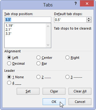 Tabulátor beállítása a Tabulátorok párbeszédpanelen a Word 2013-ban