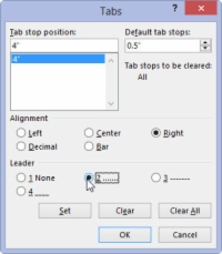 A Leader tabulátorok beállítása a Word 2013-ban