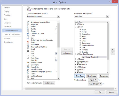 Προσθέστε νέες καρτέλες και εντολές στην κορδέλα του Word 2013