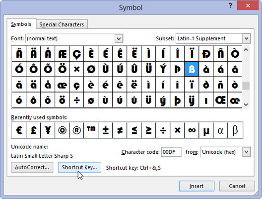 Piešķiriet īsinājumtaustiņu simbolam programmā Word 2013