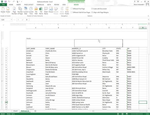 Sådan opretter du en brugerdefineret sidehoved eller sidefod i Excel 2013