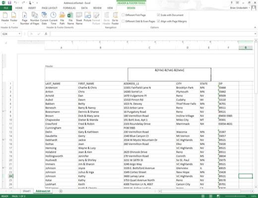 Sådan opretter du en brugerdefineret sidehoved eller sidefod i Excel 2013