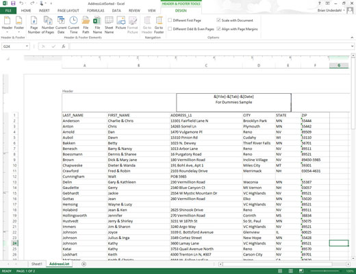 Sådan opretter du en brugerdefineret sidehoved eller sidefod i Excel 2013