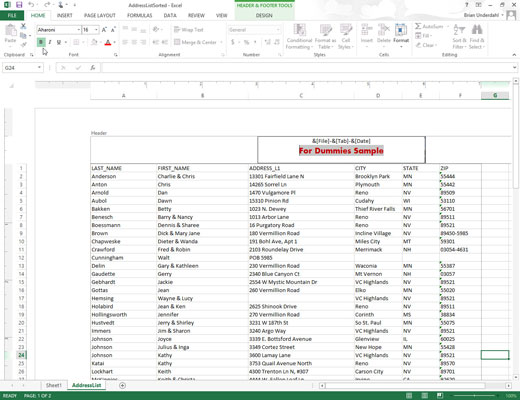 Sådan opretter du en brugerdefineret sidehoved eller sidefod i Excel 2013