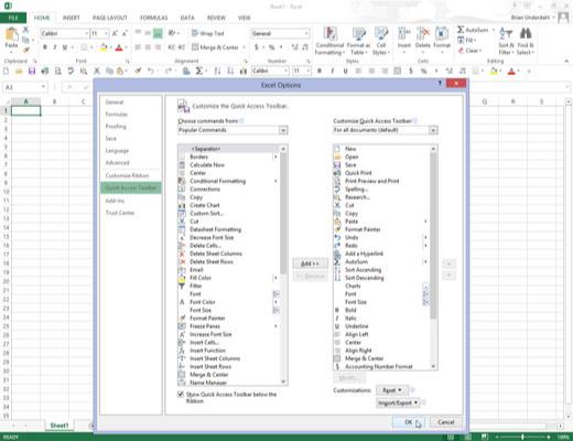 Jak přizpůsobit panel nástrojů Rychlý přístup aplikace Excel 2013