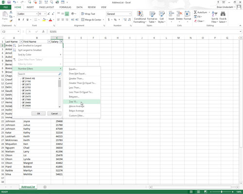 Sådan bruges færdiglavede nummerfiltre i Excel 2013