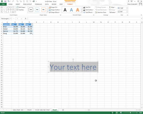 Slik plasserer du WordArt i et Excel 2013-regneark