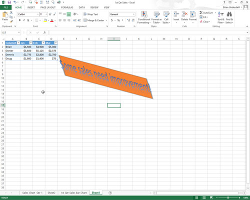 Slik plasserer du WordArt i et Excel 2013-regneark