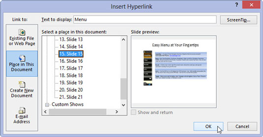 Hiperhivatkozás hozzáadása egy másik PowerPoint 2013 diához