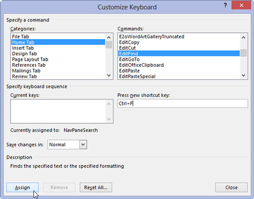 Kaip susieti Ctrl+F su išplėstinio paieškos komanda programoje „Word 2013“.