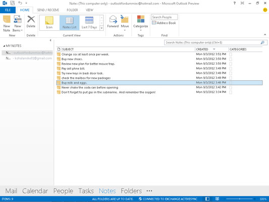 Az Outlook Notes modul nézetei