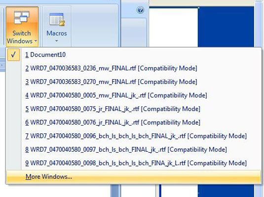 Как да превключвате между документи в Word 2007