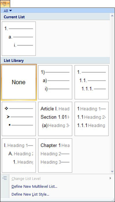 Kā lietot daudzlīmeņu sarakstus programmā Word 2007