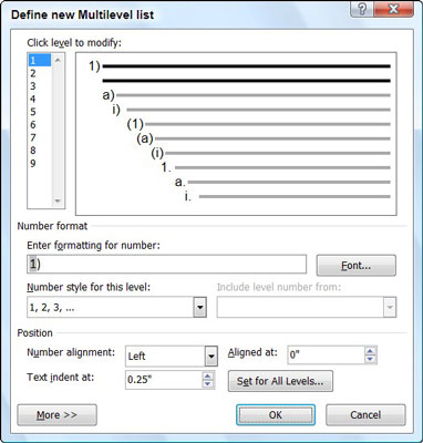 Kā lietot daudzlīmeņu sarakstus programmā Word 2007