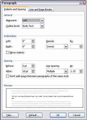 Leader-välilehtien asettaminen Word 2007:ssä