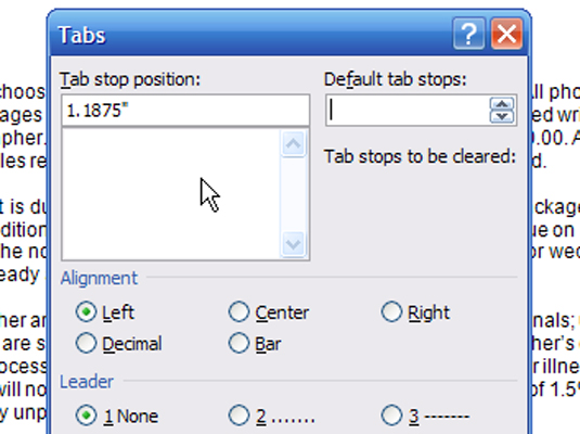 Как да зададете раздел в диалоговия прозорец Tabs на Word 2007