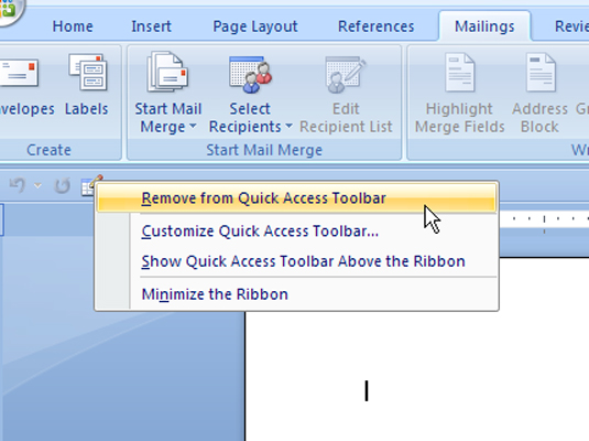 Kā noņemt komandas no Word 2007 ātrās piekļuves rīkjoslas