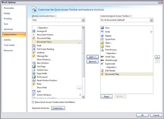 Slik fjerner du kommandoer fra Word 2007 Quick Access Toolbar