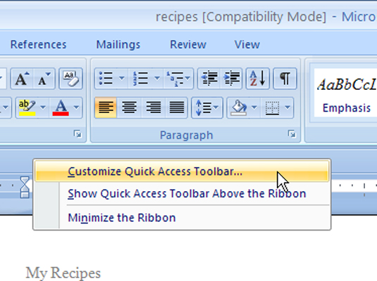 Hvordan legge til kommandoknapper til Word 2007 Quick Access Toolbar