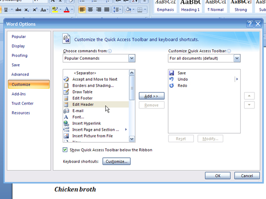 Hvordan legge til kommandoknapper til Word 2007 Quick Access Toolbar