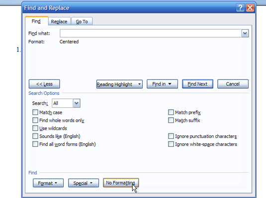 Kā atrast formatējumu programmā Word 2007