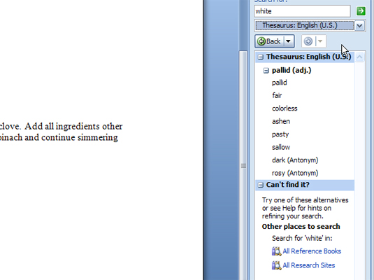 Kā lietot tēzauru programmā Word 2007