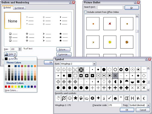 Kaip pasirinkti ženklelį, dydį ir spalvą programoje „PowerPoint 2007“.