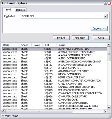 Avansert søk og erstatt i Excel 2007