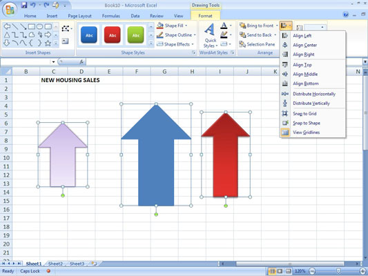 Vairāku grafisko objektu līdzināšana programmā Excel 2007