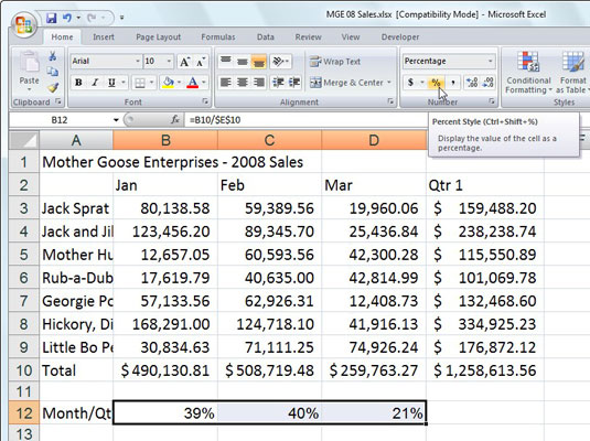 Použití stylu procent v aplikaci Excel 2007