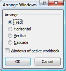 Подреждане на Windows в работни книги на Excel 2007