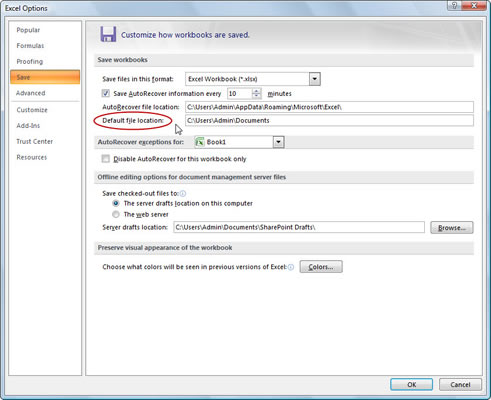 Endre standard filplassering i Excel 2007