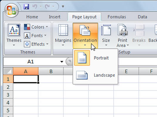 Papīra orientācijas un izmēra maiņa programmā Excel 2007