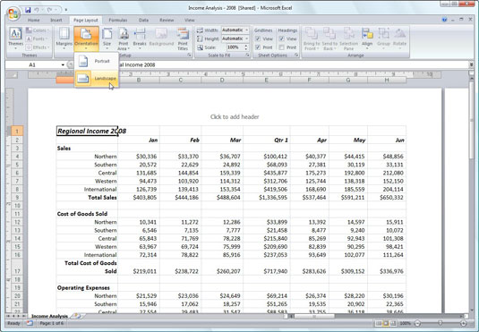 Papīra orientācijas un izmēra maiņa programmā Excel 2007