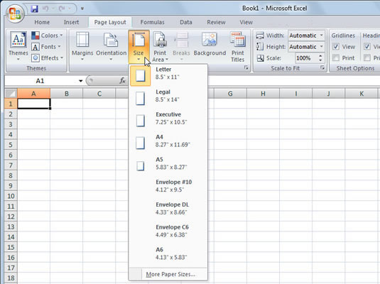 Popieriaus orientacijos ir dydžio keitimas programoje Excel 2007