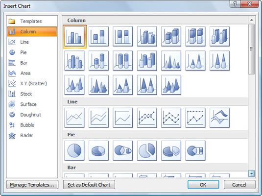 Tinkamo diagramos tipo pasirinkimas programoje „Excel 2007“.